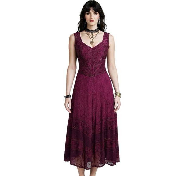 Sakkas Whimsigoth Dress  Purple Embroidered Lace Boho Ren Faire Fairy Midi - Picture 1 of 9